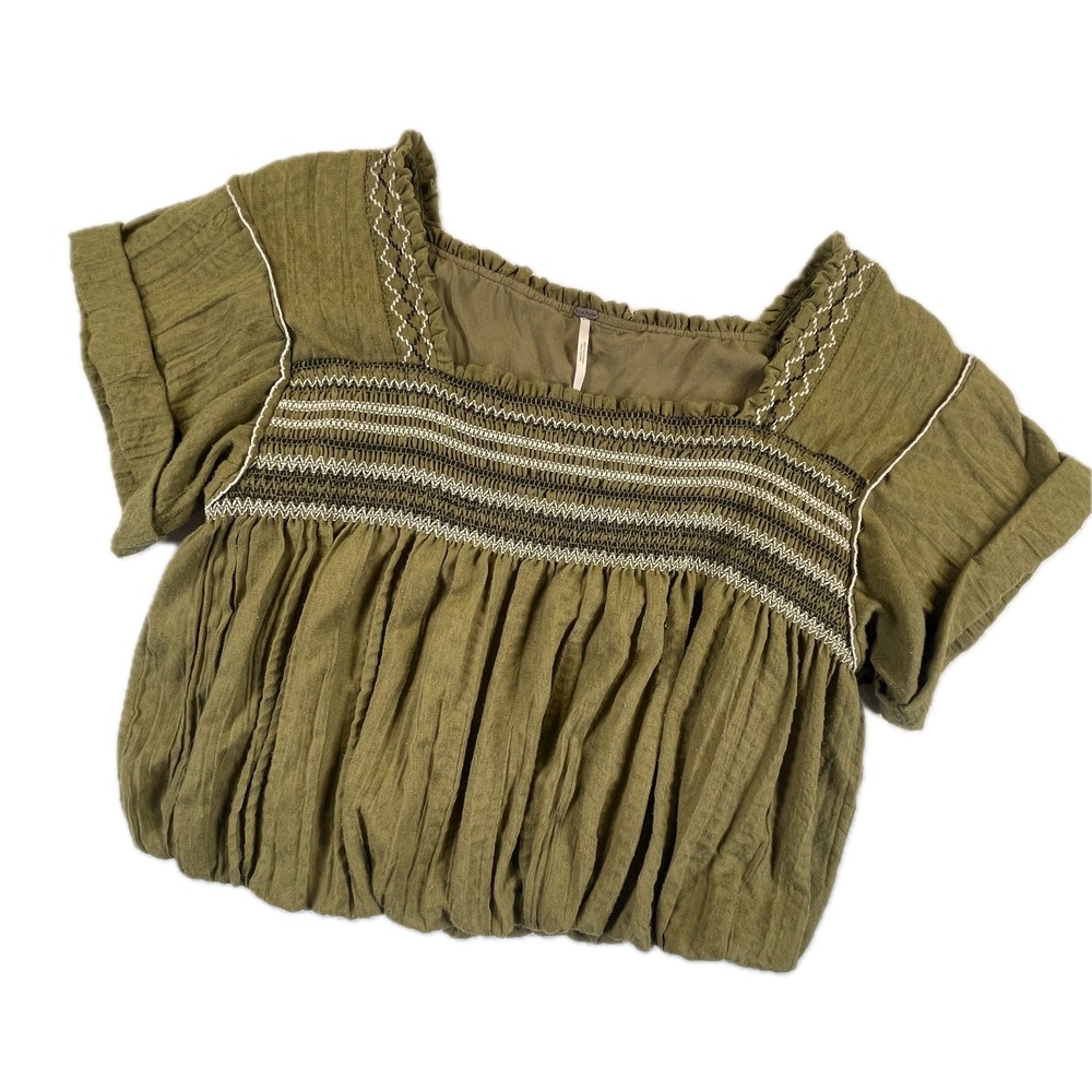 Free People Embroidered Smocked Boho Top L Olive Green Cotton Peasant Blouse